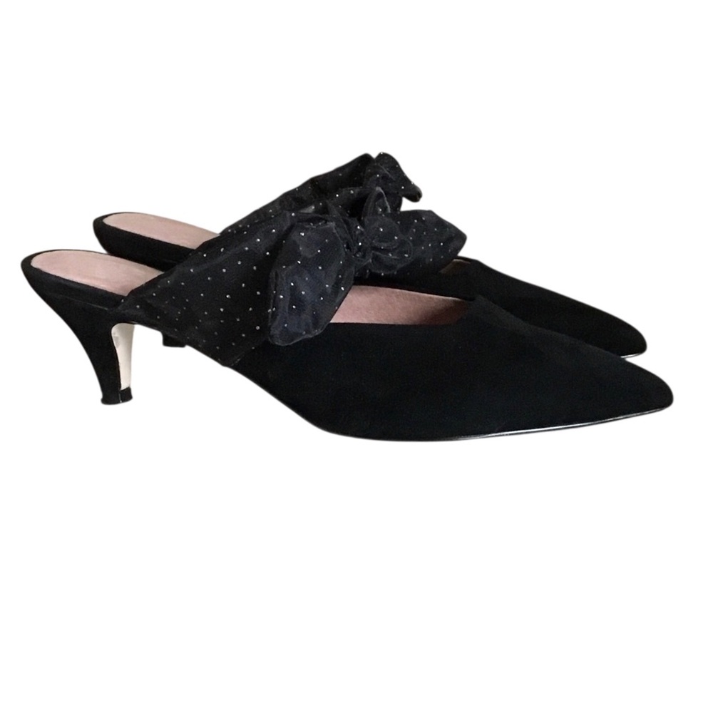 Anthropologie Black Suede Dot Bow Kitten Heels